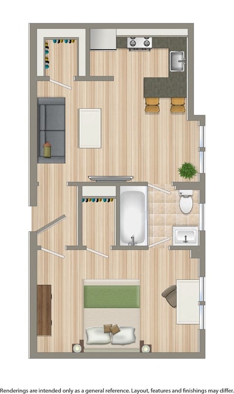 Floor plan for 1 bed, 1 bath, 514 sqft